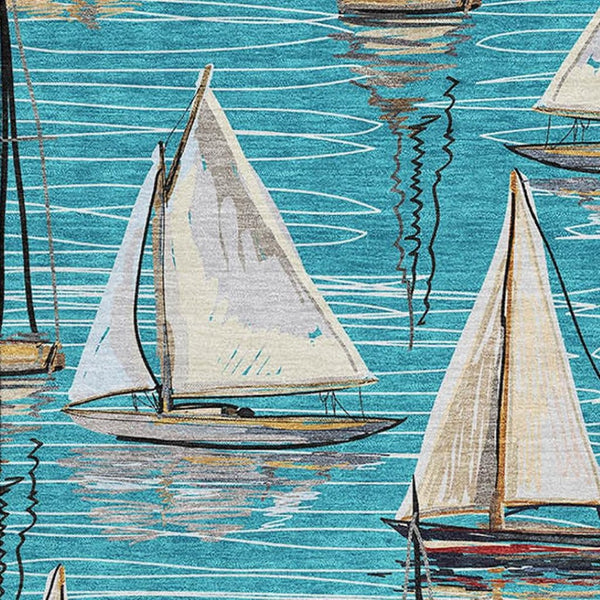 HomeRoots 9' X 12' Coastal Teal Blue Ivory Gold Nautical Area Rug - Washable, UV Protected, Pet Friendly! 645432
