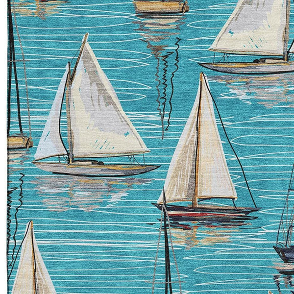 HomeRoots 9' X 12' Coastal Teal Blue Ivory Gold Nautical Area Rug - Washable, UV Protected, Pet Friendly! 645432