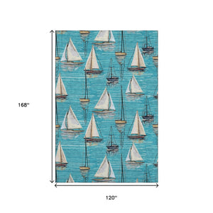 HomeRoots 10' Teal Blue Ivory Gold Nautical Area Rug - Washable, UV Protected, Stain Resistant, Family Friendly 645433