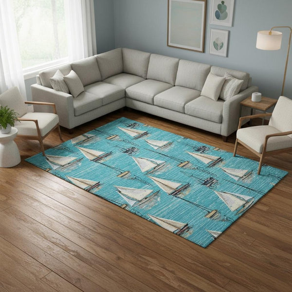 HomeRoots 10' Teal Blue Ivory Gold Nautical Area Rug - Washable, UV Protected, Stain Resistant, Family Friendly 645433