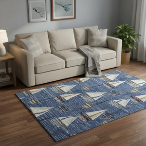 HomeRoots 5' X 8' Washable Navy Blue Ivory Gold Nautical Area Rug with UV Protection for Coastal Homes 645435