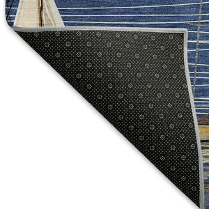 HomeRoots 5' X 8' Washable Navy Blue Ivory Gold Nautical Area Rug with UV Protection for Coastal Homes 645435