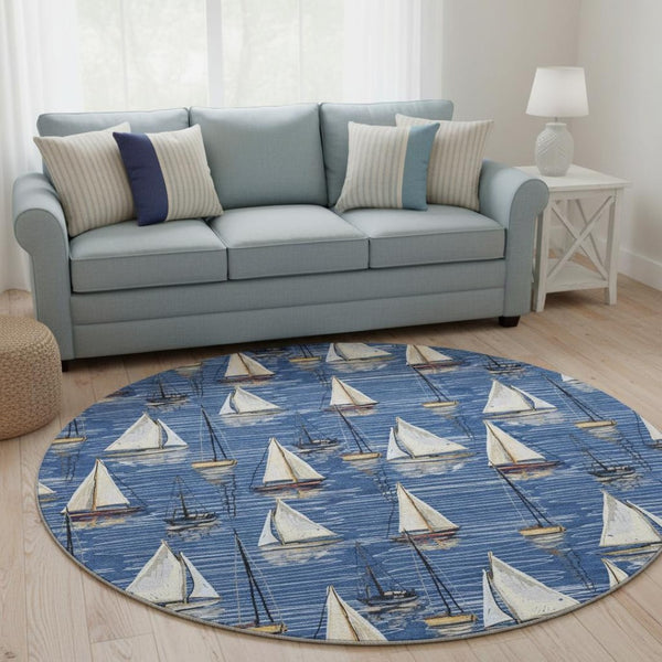 HomeRoots 8' Nautical Round Rug in Navy Blue, Ivory & Gold - Washable, UV Protected, Stain Resistant Design 645436
