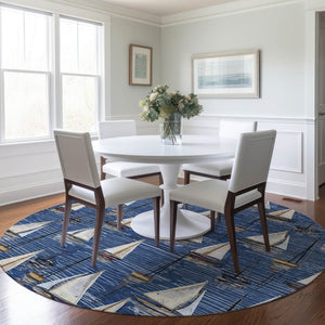 HomeRoots 8' Nautical Round Rug in Navy Blue, Ivory & Gold - Washable, UV Protected, Stain Resistant Design 645436