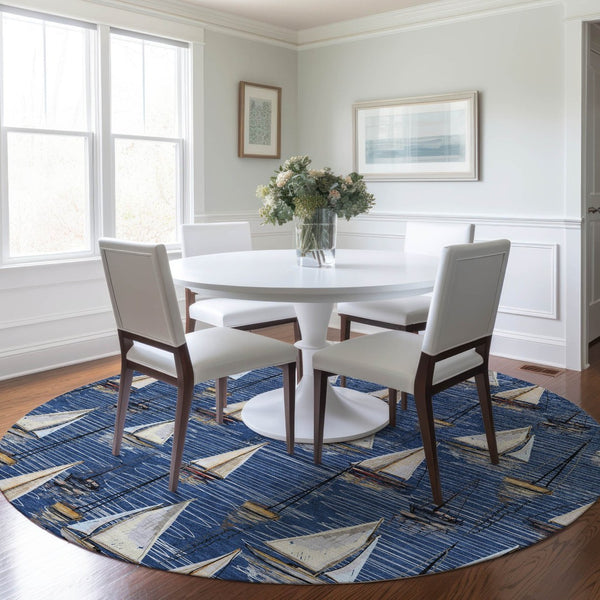 HomeRoots 8' Nautical Round Rug in Navy Blue, Ivory & Gold - Washable, UV Protected, Stain Resistant Design 645436