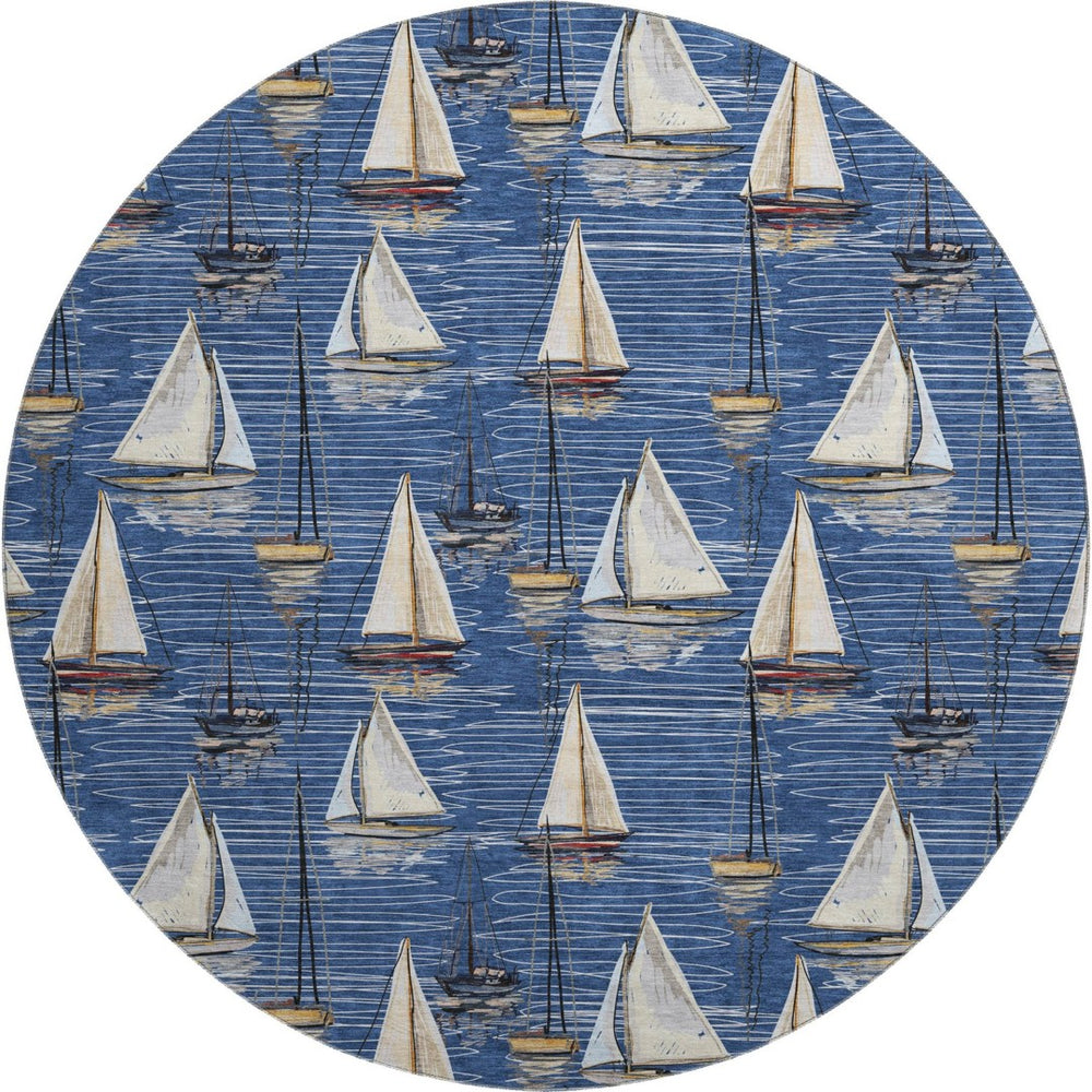 HomeRoots 8' Nautical Round Rug in Navy Blue, Ivory & Gold - Washable, UV Protected, Stain Resistant Design 645436