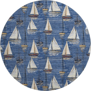 HomeRoots 8' Nautical Round Rug in Navy Blue, Ivory & Gold - Washable, UV Protected, Stain Resistant Design 645436