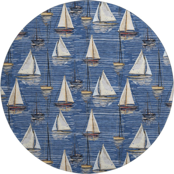 HomeRoots 8' Nautical Round Rug in Navy Blue, Ivory & Gold - Washable, UV Protected, Stain Resistant Design 645436