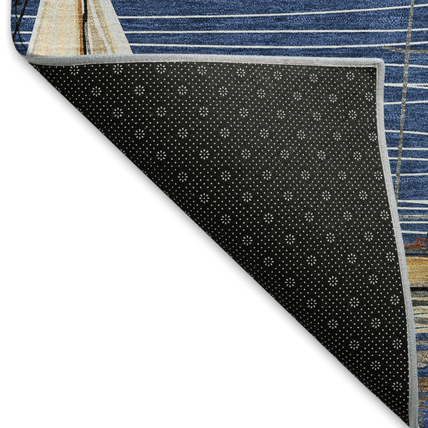 HomeRoots 8' Nautical Round Rug in Navy Blue, Ivory & Gold - Washable, UV Protected, Stain Resistant Design 645436
