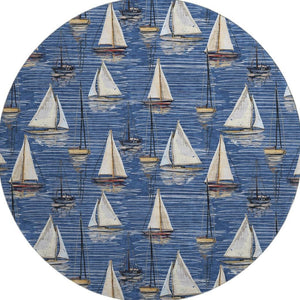HomeRoots 8' Nautical Round Rug in Navy Blue, Ivory & Gold - Washable, UV Protected, Stain Resistant Design 645436