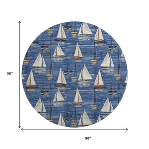 HomeRoots 8' Nautical Round Rug in Navy Blue, Ivory & Gold - Washable, UV Protected, Stain Resistant Design 645436
