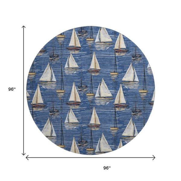 HomeRoots 8' Nautical Round Rug in Navy Blue, Ivory & Gold - Washable, UV Protected, Stain Resistant Design 645436