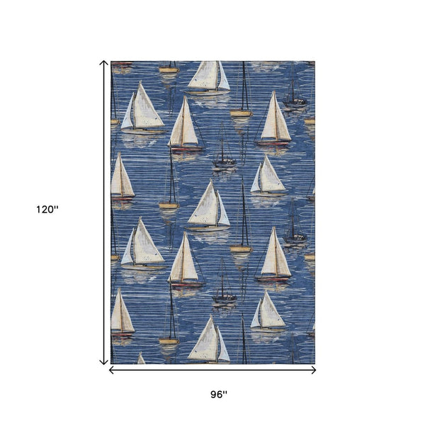 HomeRoots 8' X 10' Nautical Washable Area Rug in Navy Blue, Ivory & Gold – Durable, UV-Protected, Stylish! 645437