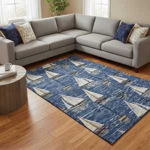 HomeRoots 8' X 10' Nautical Washable Area Rug in Navy Blue, Ivory & Gold – Durable, UV-Protected, Stylish! 645437