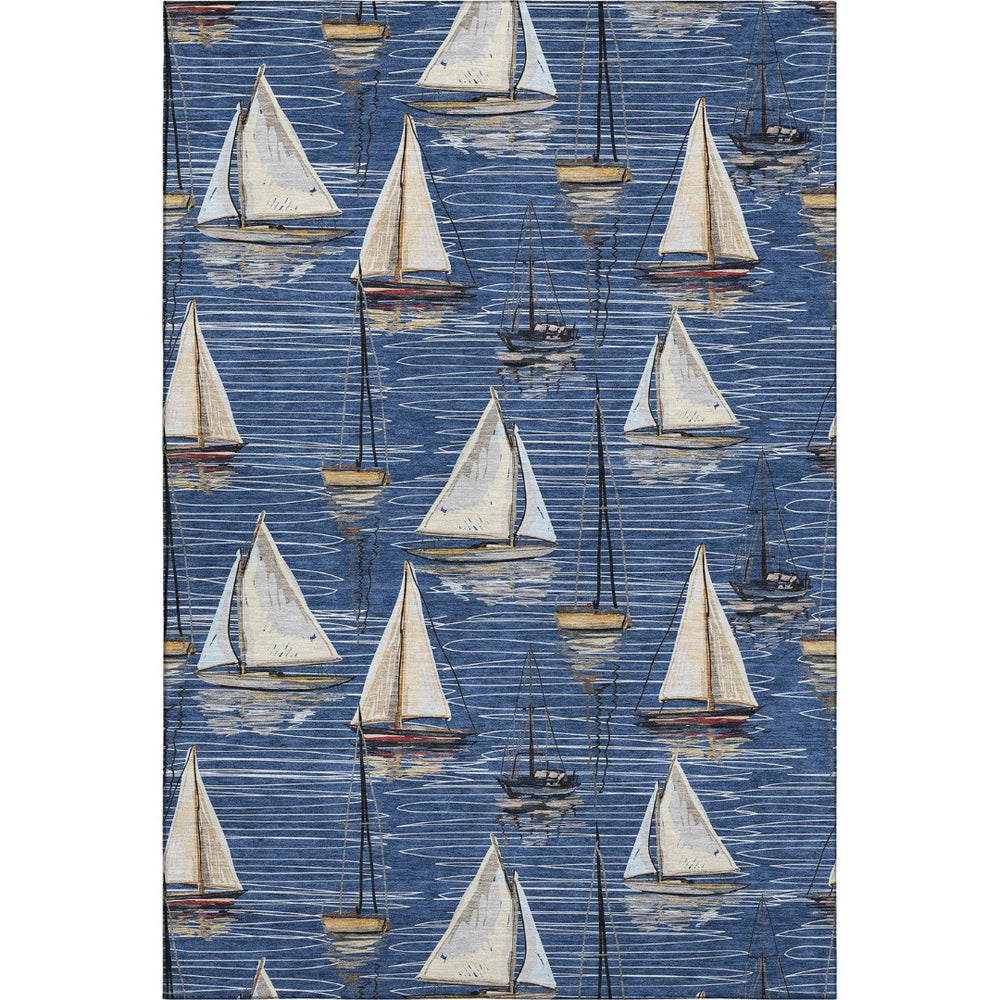 HomeRoots 8' X 10' Nautical Washable Area Rug in Navy Blue, Ivory & Gold – Durable, UV-Protected, Stylish! 645437