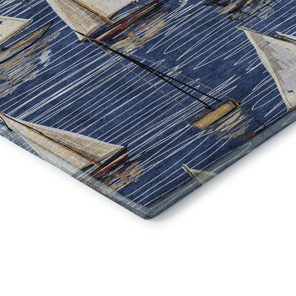 HomeRoots 8' X 10' Nautical Washable Area Rug in Navy Blue, Ivory & Gold – Durable, UV-Protected, Stylish! 645437