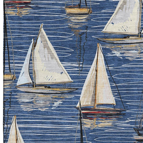 HomeRoots 8' X 10' Nautical Washable Area Rug in Navy Blue, Ivory & Gold – Durable, UV-Protected, Stylish! 645437