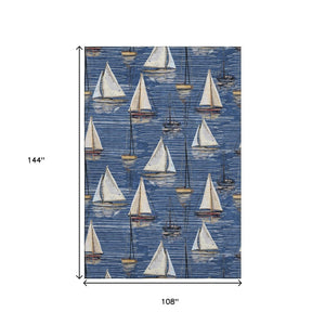 HomeRoots 9' X 12' Navy Blue Ivory Gold Nautical Area Rug - UV Protected, Washable, Durable for High-Traffic Spaces 645438