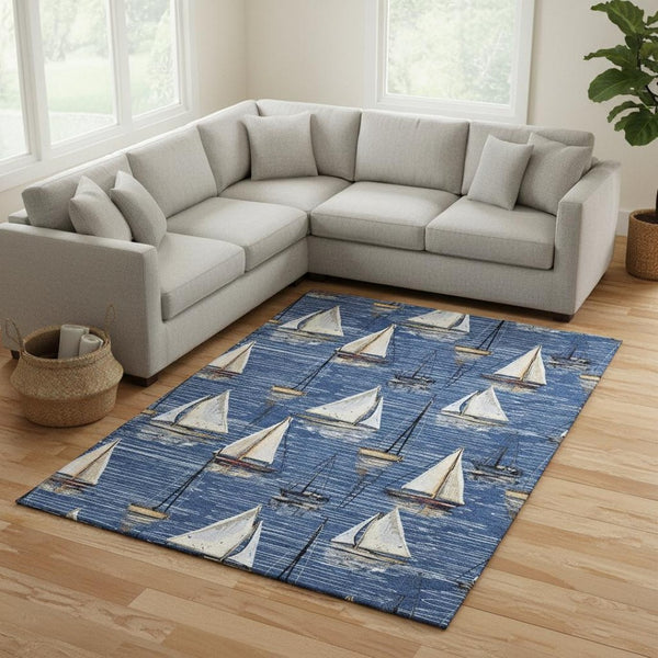 HomeRoots 9' X 12' Navy Blue Ivory Gold Nautical Area Rug - UV Protected, Washable, Durable for High-Traffic Spaces 645438