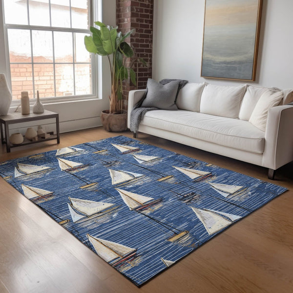 HomeRoots 9' X 12' Navy Blue Ivory Gold Nautical Area Rug - UV Protected, Washable, Durable for High-Traffic Spaces 645438