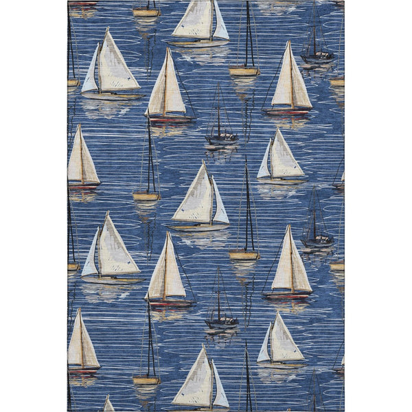 HomeRoots 9' X 12' Navy Blue Ivory Gold Nautical Area Rug - UV Protected, Washable, Durable for High-Traffic Spaces 645438