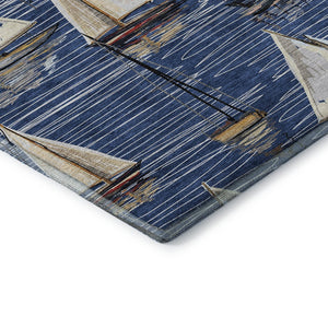 HomeRoots 9' X 12' Navy Blue Ivory Gold Nautical Area Rug - UV Protected, Washable, Durable for High-Traffic Spaces 645438
