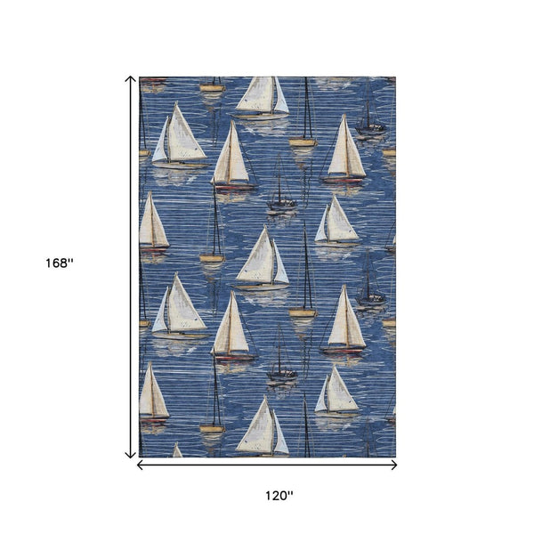HomeRoots 10' X 14' Navy Blue, Ivory & Gold Nautical Area Rug - Washable, UV Protected, Stain Resistant Design 645439