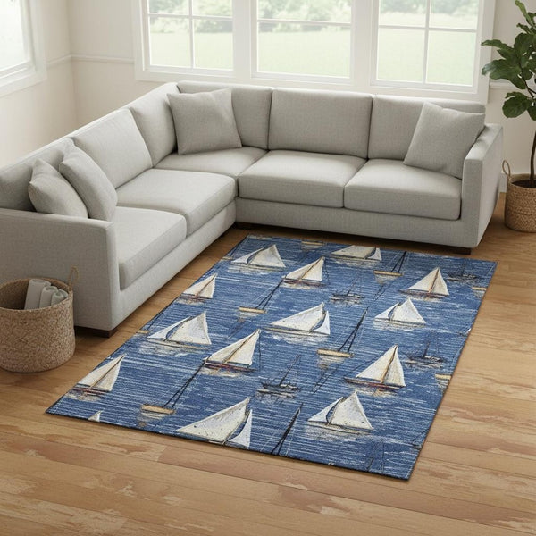 HomeRoots 10' X 14' Navy Blue, Ivory & Gold Nautical Area Rug - Washable, UV Protected, Stain Resistant Design 645439