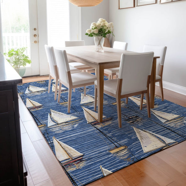 HomeRoots 10' X 14' Navy Blue, Ivory & Gold Nautical Area Rug - Washable, UV Protected, Stain Resistant Design 645439