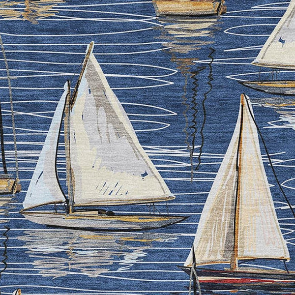 HomeRoots 10' X 14' Navy Blue, Ivory & Gold Nautical Area Rug - Washable, UV Protected, Stain Resistant Design 645439