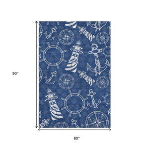 HomeRoots 5' X 8' Navy Blue & Ivory Nautical Area Rug with UV Protection - Durable, Washable & Stylish Home Accent 645447