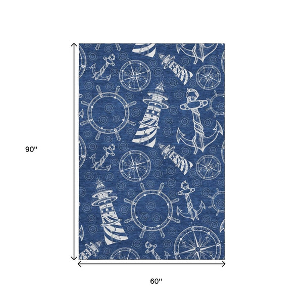 HomeRoots 5' X 8' Navy Blue & Ivory Nautical Area Rug with UV Protection - Durable, Washable & Stylish Home Accent 645447