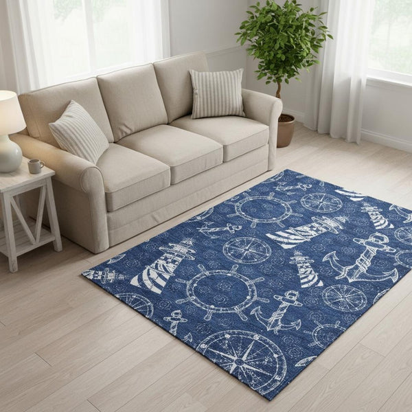 HomeRoots 5' X 8' Navy Blue & Ivory Nautical Area Rug with UV Protection - Durable, Washable & Stylish Home Accent 645447
