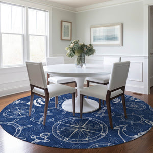 HomeRoots 8' Navy Blue and Ivory Nautical Round Rug - Washable, Stain Resistant, UV Protected for Active Homes 645448