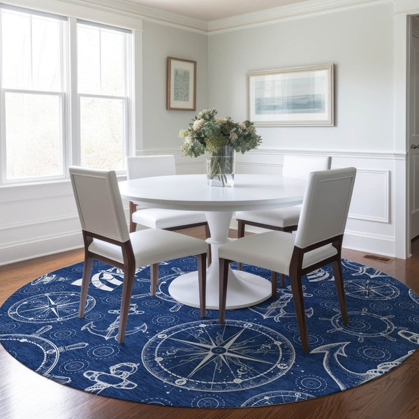 HomeRoots 8' Navy Blue and Ivory Nautical Round Rug - Washable, Stain Resistant, UV Protected for Active Homes 645448