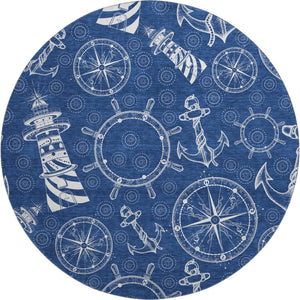 HomeRoots 8' Navy Blue and Ivory Nautical Round Rug - Washable, Stain Resistant, UV Protected for Active Homes 645448