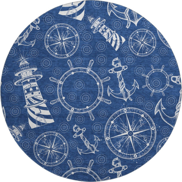 HomeRoots 8' Navy Blue and Ivory Nautical Round Rug - Washable, Stain Resistant, UV Protected for Active Homes 645448