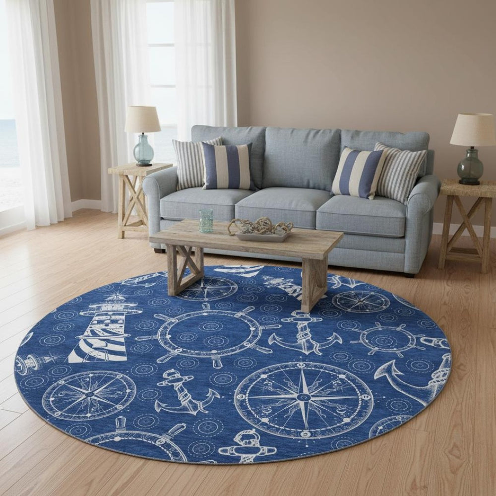 HomeRoots 8' Navy Blue and Ivory Nautical Round Rug - Washable, Stain Resistant, UV Protected for Active Homes 645448