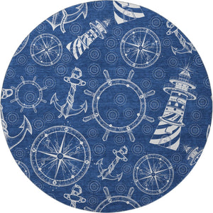 HomeRoots 8' Navy Blue and Ivory Nautical Round Rug - Washable, Stain Resistant, UV Protected for Active Homes 645448