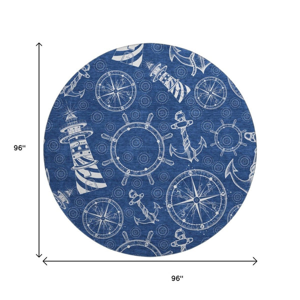 HomeRoots 8' Navy Blue and Ivory Nautical Round Rug - Washable, Stain Resistant, UV Protected for Active Homes 645448