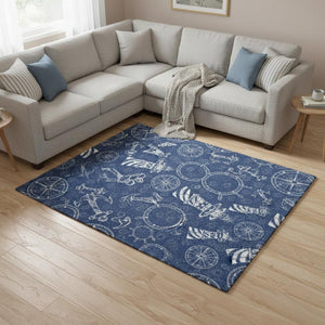 HomeRoots 8' X 10' Nautical Navy Blue and Ivory Area Rug - Durable, Washable, UV Protected for Coastal Style 645449