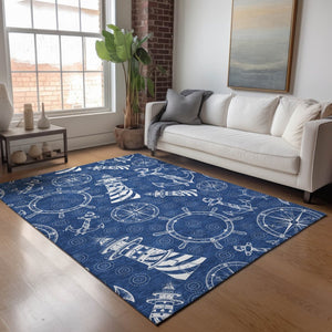 HomeRoots 8' X 10' Nautical Navy Blue and Ivory Area Rug - Durable, Washable, UV Protected for Coastal Style 645449