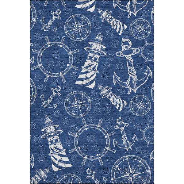 HomeRoots 8' X 10' Nautical Navy Blue and Ivory Area Rug - Durable, Washable, UV Protected for Coastal Style 645449