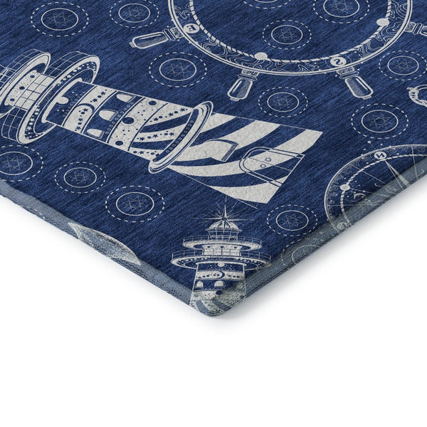 HomeRoots 8' X 10' Nautical Navy Blue and Ivory Area Rug - Durable, Washable, UV Protected for Coastal Style 645449