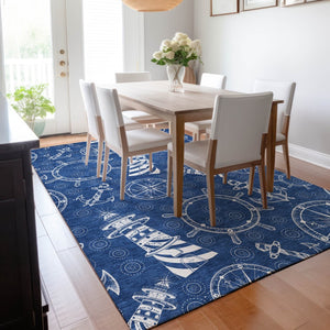 HomeRoots 8' X 10' Nautical Navy Blue and Ivory Area Rug - Durable, Washable, UV Protected for Coastal Style 645449