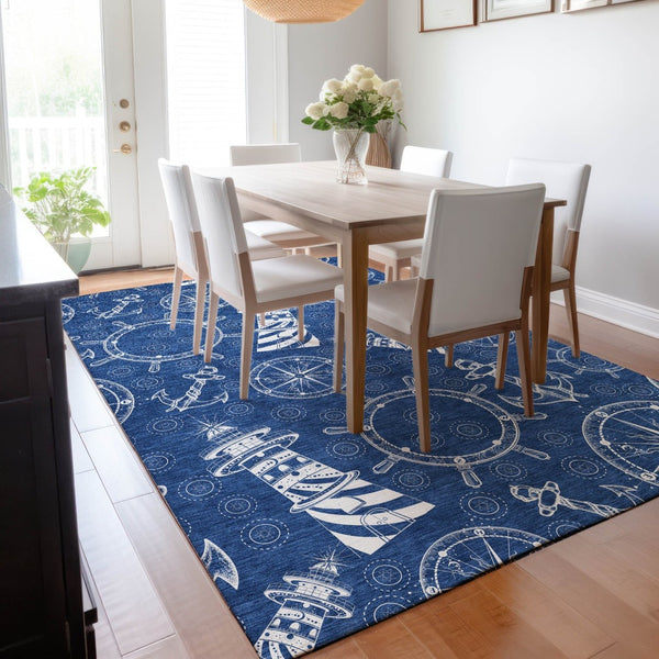 HomeRoots 8' X 10' Nautical Navy Blue and Ivory Area Rug - Durable, Washable, UV Protected for Coastal Style 645449