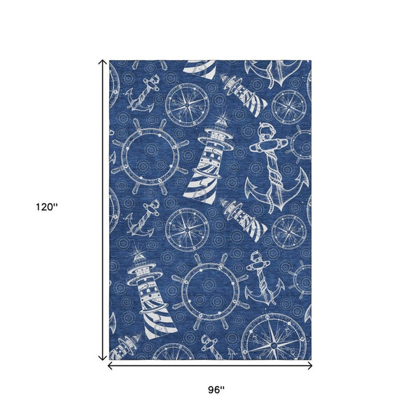 HomeRoots 8' X 10' Nautical Navy Blue and Ivory Area Rug - Durable, Washable, UV Protected for Coastal Style 645449
