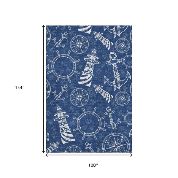 HomeRoots 9' X 12' Navy Blue Nautical Area Rug - Washable, UV-Protected, Durable, Perfect for Coastal Spaces! 645450