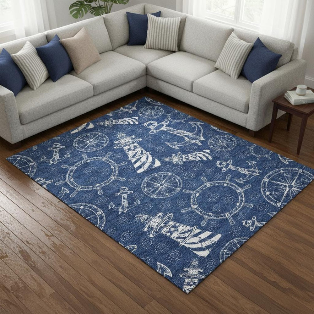 HomeRoots 9' X 12' Navy Blue Nautical Area Rug - Washable, UV-Protected, Durable, Perfect for Coastal Spaces! 645450