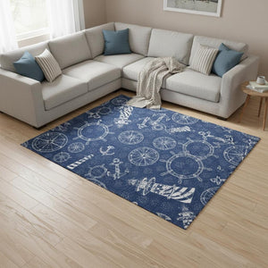 HomeRoots 10' X 14' Coastal Nautical Area Rug in Navy Blue & Ivory - Washable, Stain-Resistant, UV Protected 645451